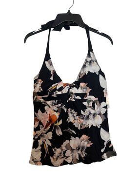 Athleta Black Floral Halter Tankini Top 36 B/C With Padded Cups & Adjustable Tie